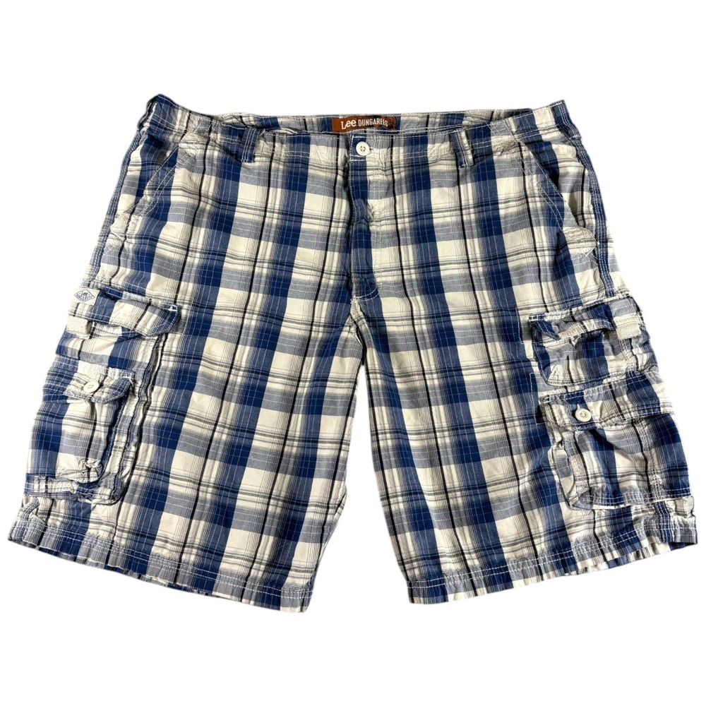 Lee Dungarees Cargo‎ Shorts Mens 42 Blue White Plaid Flat Front Utility Pockets